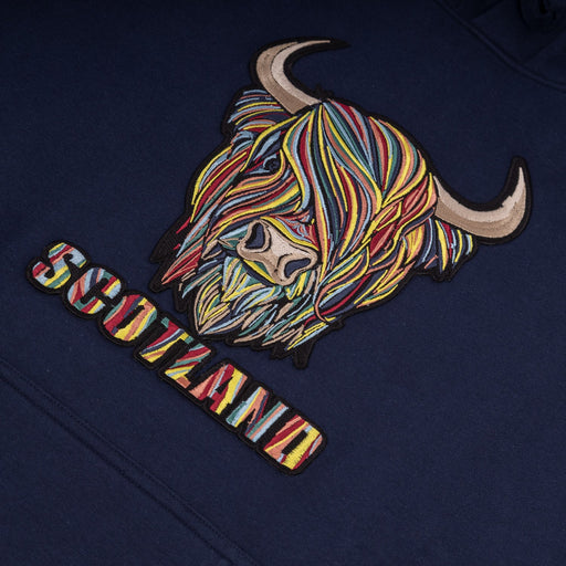 Colourful Highland Cow Embroidered Hood Navy - Heritage Of Scotland - NAVY