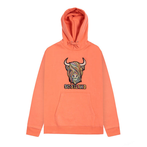 Colourful Highland Cow Embroidered Hood Pastel Red - Heritage Of Scotland - PASTEL RED