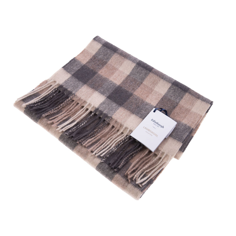 Edinburgh 100% Lambswool Scarf Big Check Natural Brown - Heritage Of Scotland - BIG CHECK NATURAL BROWN