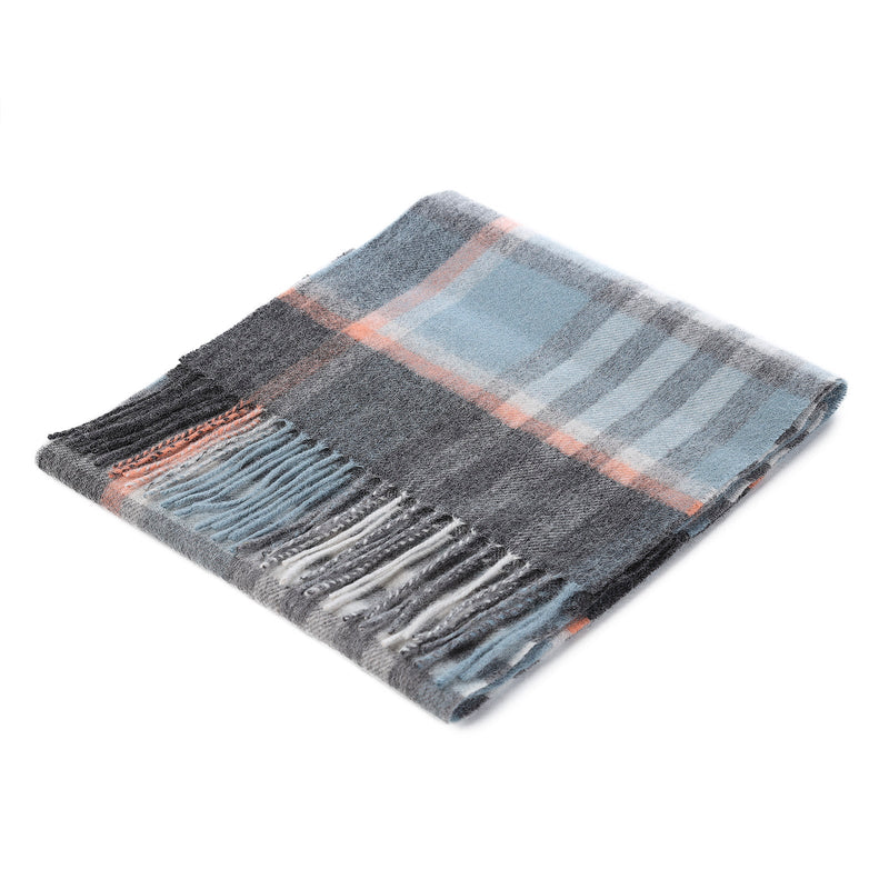 Edinburgh 100% Lambswool Scarf Chequer Orange Grey L Blue (24534) - Heritage Of Scotland - CHEQUER ORANGE GREY L BLUE (24534)