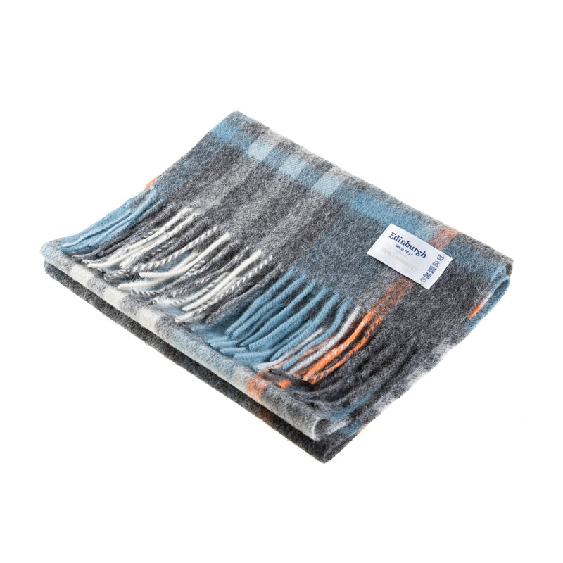 Edinburgh 100% Lambswool Scarf Chequer Orange Grey L Blue (24534) - Heritage Of Scotland - CHEQUER ORANGE GREY L BLUE (24534)