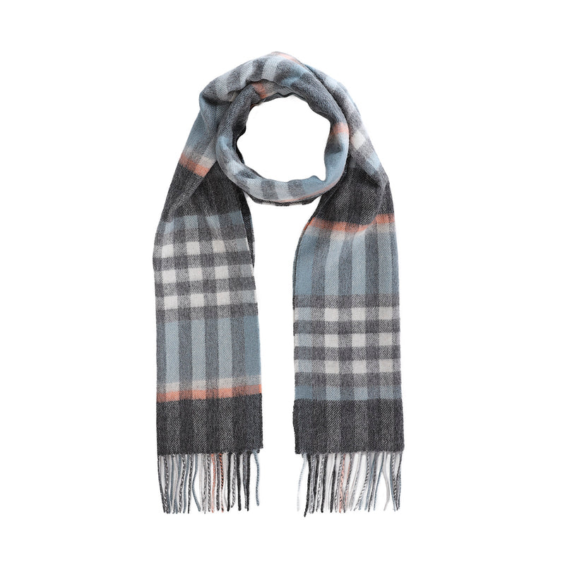 Edinburgh 100% Lambswool Scarf Chequer Orange Grey L Blue (24534) - Heritage Of Scotland - CHEQUER ORANGE GREY L BLUE (24534)