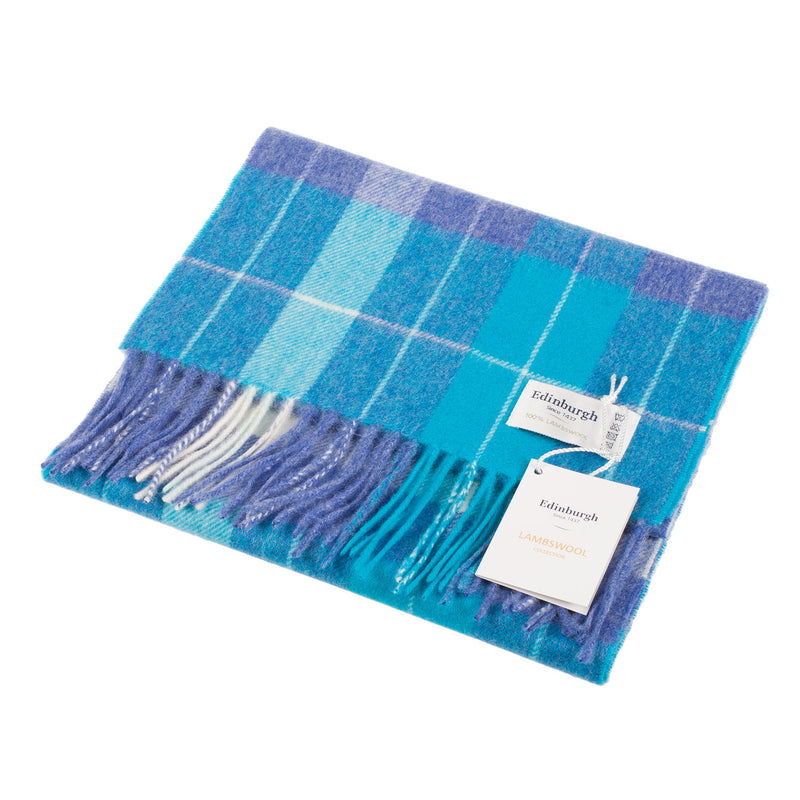 Edinburgh 100% Lambswool Scarf Heivon Check - Denim/Aqua/Lazuli - Heritage Of Scotland - HEIVON CHECK - DENIM/AQUA/LAZULI