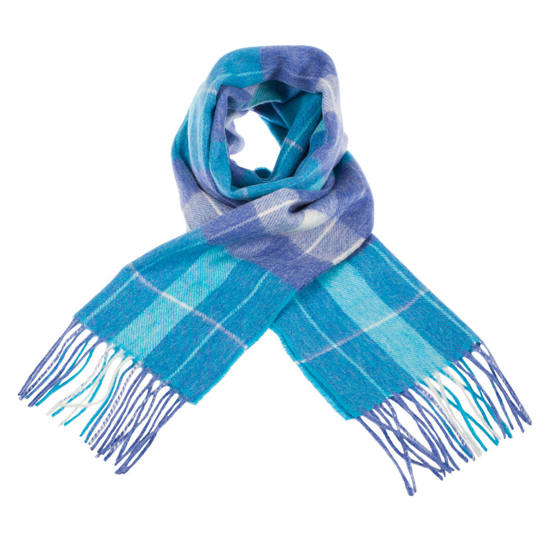 Edinburgh 100% Lambswool Scarf Heivon Check - Denim/Aqua/Lazuli - Heritage Of Scotland - HEIVON CHECK - DENIM/AQUA/LAZULI