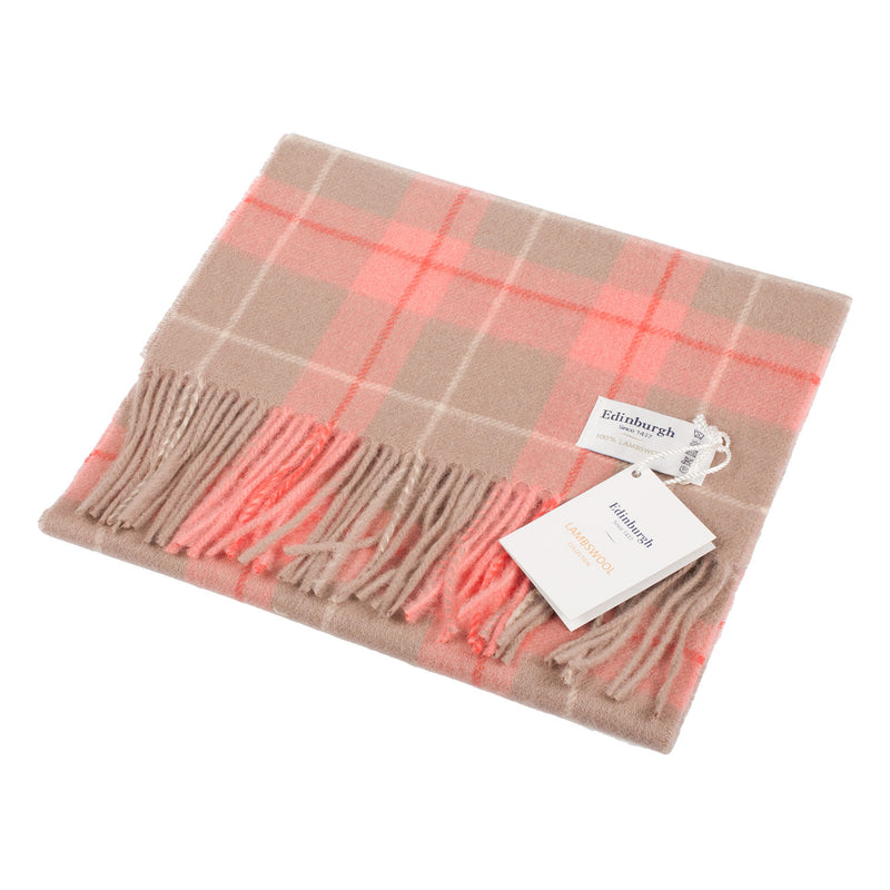 Edinburgh 100% Lambswool Scarf Heivon Tattersall - Warm Taupe/Coral - Heritage Of Scotland - HEIVON TATTERSALL - WARM TAUPE/CORAL