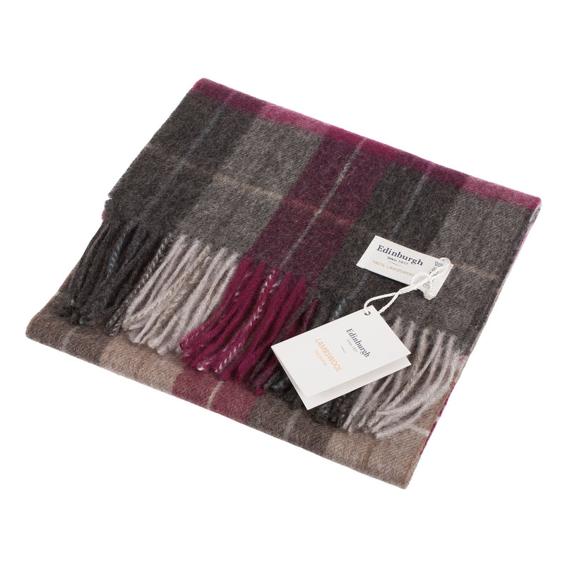 Edinburgh 100% Lambswool Scarf Multi Windowpane - Khaki/Grey/Plum - Heritage Of Scotland - MULTI WINDOWPANE - KHAKI/GREY/PLUM
