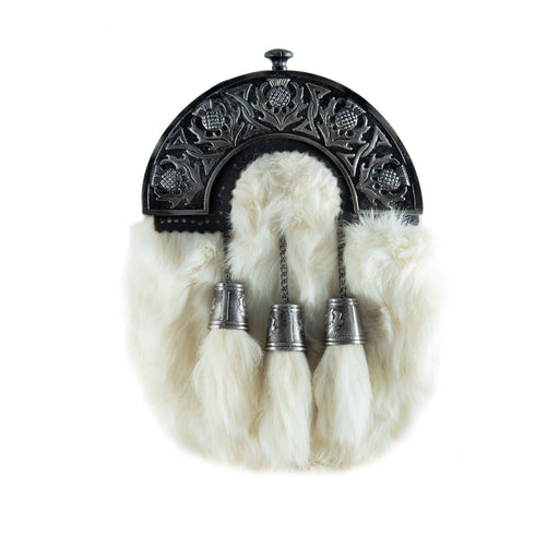 Full Dress Sporran 5 Thistle Cantle, Antique Finish Rabbit Fur - Heritage Of Scotland - RABBIT FUR (WHITE) / ANTIQUE FINISH