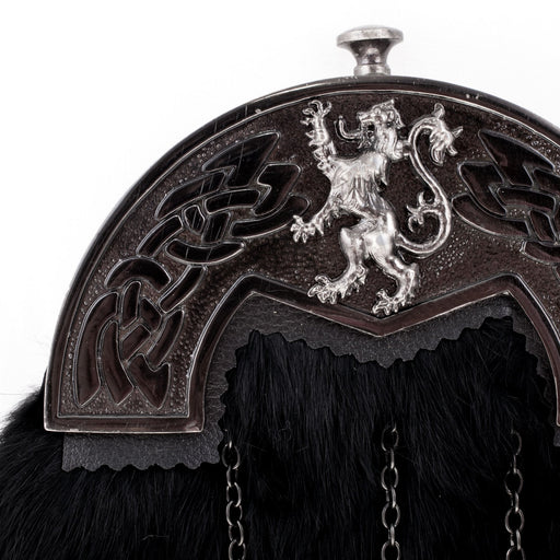 Full Dress Sporran Lion Celtic Cantle, Black Finish Rabbit Fur - Heritage Of Scotland - RABBIT FUR (BLACK) / BLACK FINISH