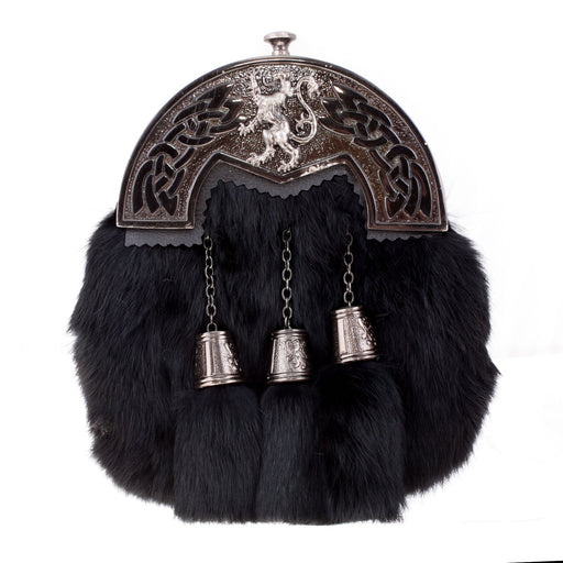 Full Dress Sporran Lion Celtic Cantle, Black Finish Rabbit Fur - Heritage Of Scotland - RABBIT FUR (BLACK) / BLACK FINISH