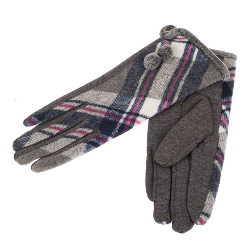 Grey Tartan Ladies Gloves With Pom Pom - Heritage Of Scotland - GREY