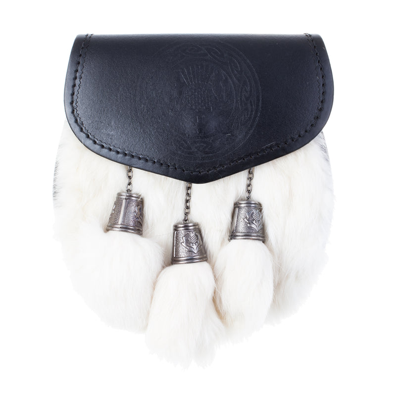 Half Dress Sporran Embossed Thistle With Celtic Circle, Antique Rabbit Fur - Heritage Of Scotland - RABBIT FUR (WHITE) / ANTIQUE FINISH