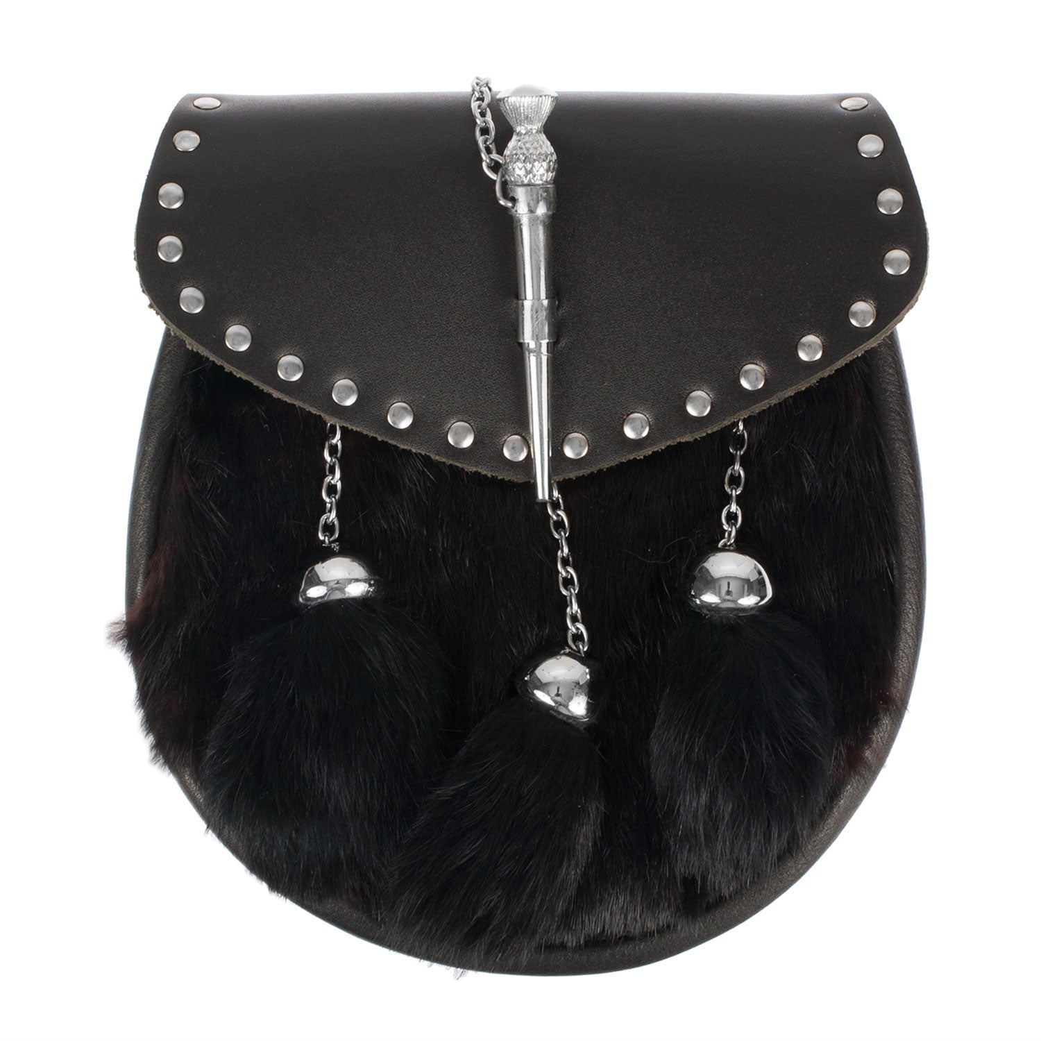 Half Dress Studded Pin And Chain Sporran Rabbit Fur - Heritage Of Scotland - RABBIT FUR (BLACK)