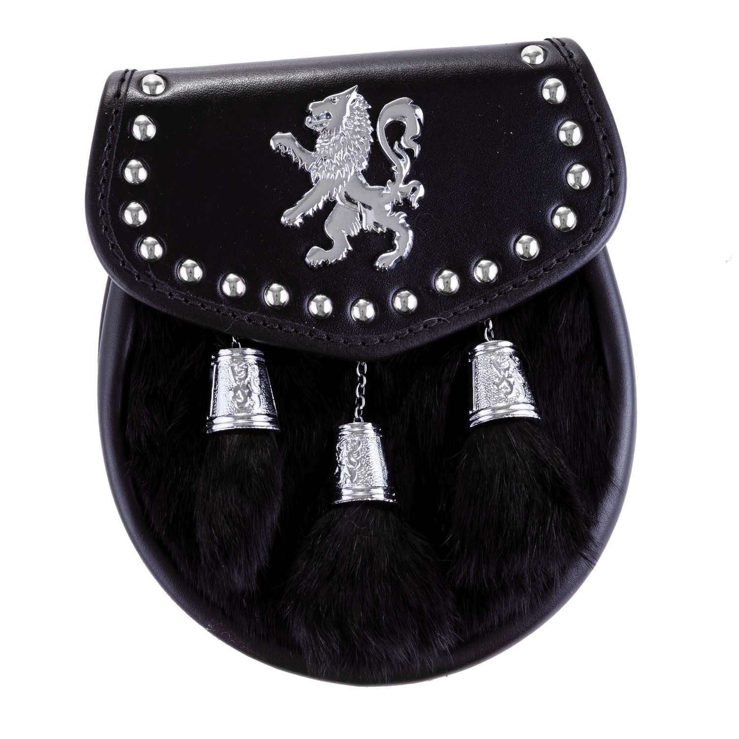 H/D Lion Rampant Studs Sporran Rabbit Fur - Heritage Of Scotland - RABBIT FUR (BLACK)