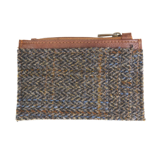 Ht Leather Coin Purse With Card Holder Blue & Brown Check Hb / Tan - Heritage Of Scotland - BLUE & BROWN CHECK HB / TAN