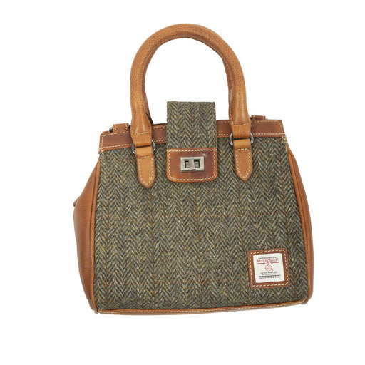 Ht Leather Hand Bag With Flap Closer Brown Herringbone / Tan - Heritage Of Scotland - BROWN HERRINGBONE / TAN