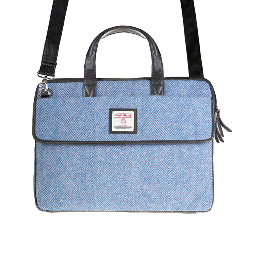 Ht Leather Laptop Bag Blue & Pink Herringbone / Black - Heritage Of Scotland - BLUE & PINK HERRINGBONE / BLACK