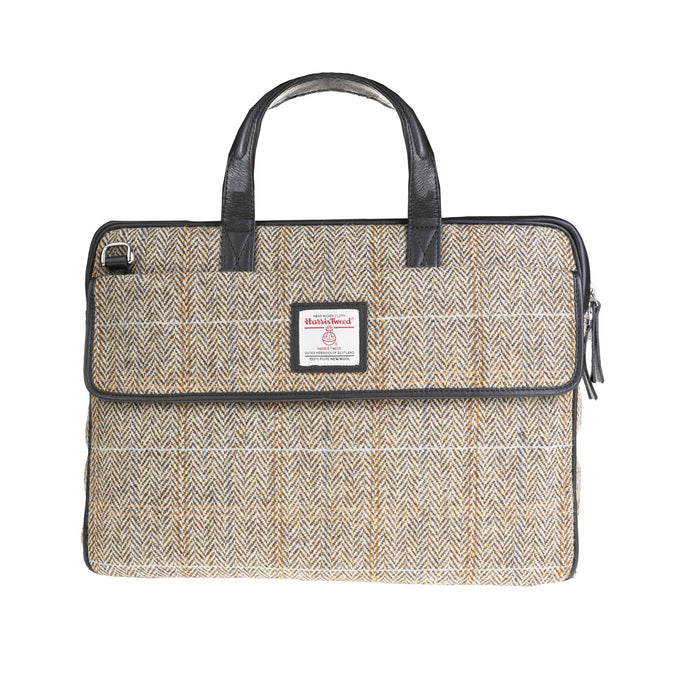 Ht Leather Laptop Bag Tan & Brown Herringbone / Black - Heritage Of Scotland - TAN & BROWN HERRINGBONE / BLACK