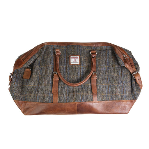 Ht Leather Large Travel Bag Blue & Brown Check Hb / Tan - Heritage Of Scotland - BLUE & BROWN CHECK HB / TAN