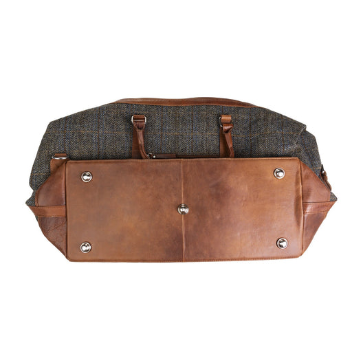Ht Leather Large Travel Bag Blue & Brown Check Hb / Tan - Heritage Of Scotland - BLUE & BROWN CHECK HB / TAN