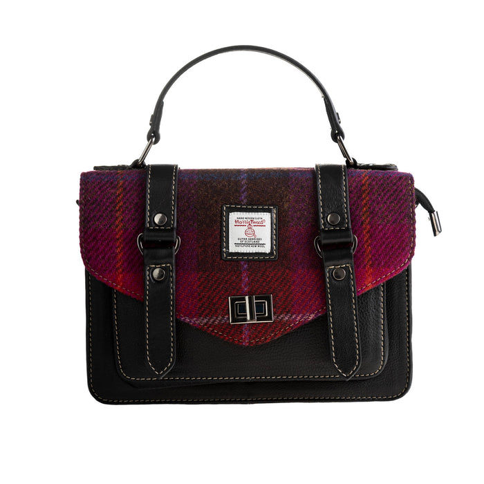 Ht Leather Satchel Bag Dark Green Check / Black - Heritage Of Scotland - DARK GREEN CHECK / BLACK