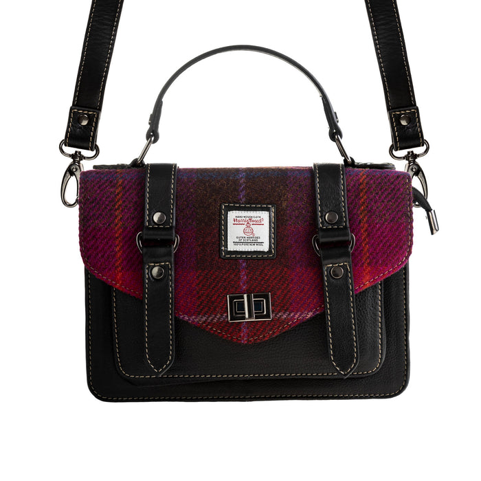Ht Leather Satchel Bag Dark Green Check / Black - Heritage Of Scotland - DARK GREEN CHECK / BLACK