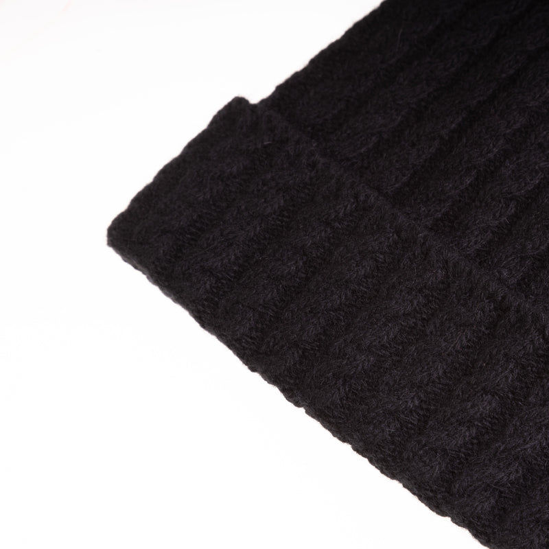 Ladies Cable Lambswool Mix Beanie Pom Black - Heritage Of Scotland - BLACK