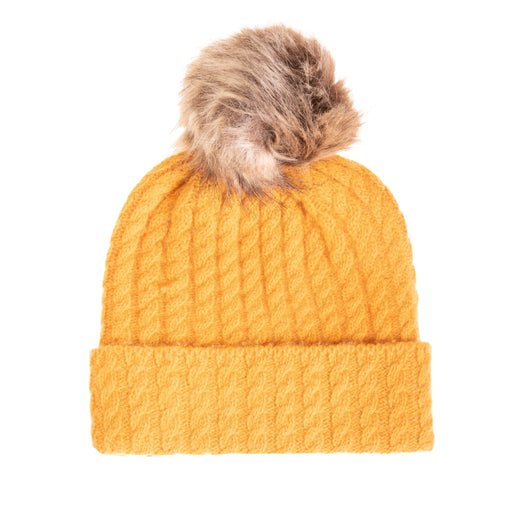 Ladies Cable Lambswool Mix Beanie Pom Ochre - Heritage Of Scotland - OCHRE