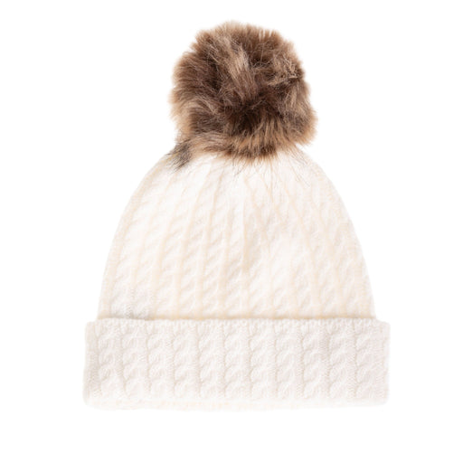 Ladies Cable Lambswool Mix Beanie Pom White - Heritage Of Scotland - WHITE