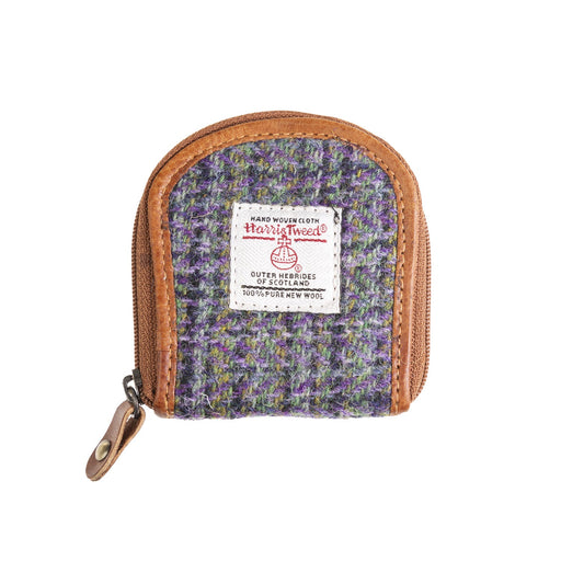 Ladies Ht Leather Coin Purse Purple Green Check / Tan - Heritage Of Scotland - PURPLE GREEN CHECK / TAN