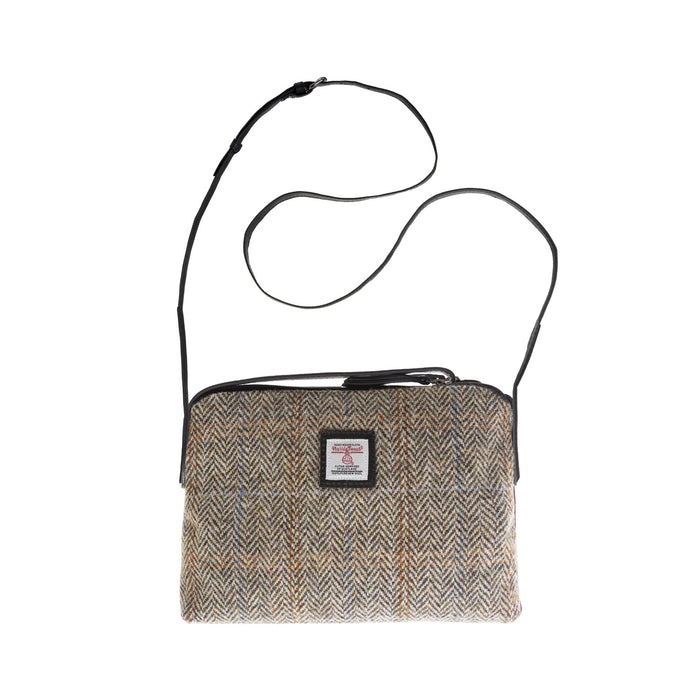 Ladies Ht Leather Cross Body Bag Tan & Brown Herringbone / Black - Heritage Of Scotland - TAN & BROWN HERRINGBONE / BLACK