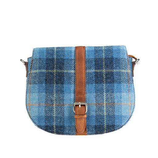 Ladies Ht Leather Flap Over Bag Blue Check / Tan - Heritage Of Scotland - BLUE CHECK / TAN