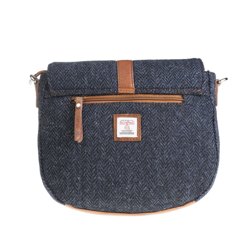 Ladies Ht Leather Flap Over Bag Navy Blue Herringbone / Tan - Heritage Of Scotland - NAVY BLUE HERRINGBONE / TAN