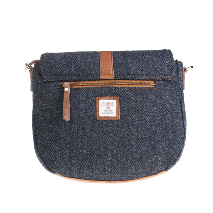 Ladies Ht Leather Flap Over Bag Navy Blue Herringbone / Tan - Heritage Of Scotland - NAVY BLUE HERRINGBONE / TAN