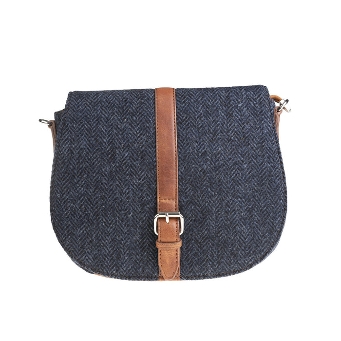 Ladies Ht Leather Flap Over Bag Navy Blue Herringbone / Tan - Heritage Of Scotland - NAVY BLUE HERRINGBONE / TAN