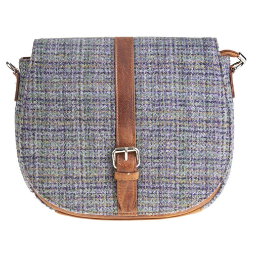 Ladies Ht Leather Flap Over Bag Purple Green Check / Tan - Heritage Of Scotland - PURPLE GREEN CHECK / TAN
