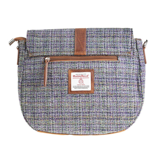 Ladies Ht Leather Flap Over Bag Purple Green Check / Tan - Heritage Of Scotland - PURPLE GREEN CHECK / TAN