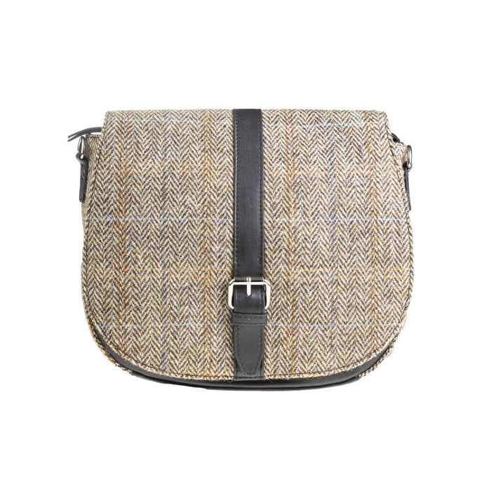 Ladies Ht Leather Flap Over Bag Tan & Brown Herringbone / Black - Heritage Of Scotland - TAN & BROWN HERRINGBONE / BLACK