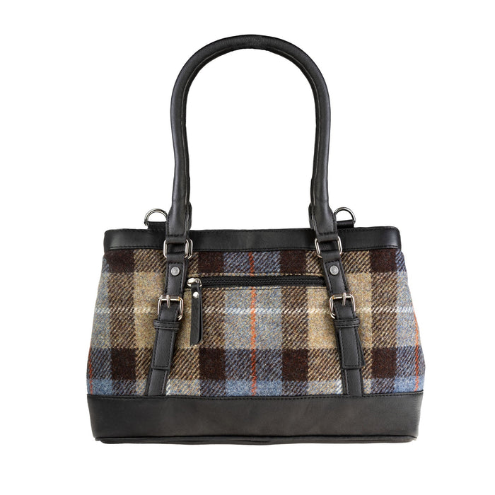 Ladies Ht Leather Hand Bag Blue & Brown Check / Black - Heritage Of Scotland - BLUE & BROWN CHECK / BLACK