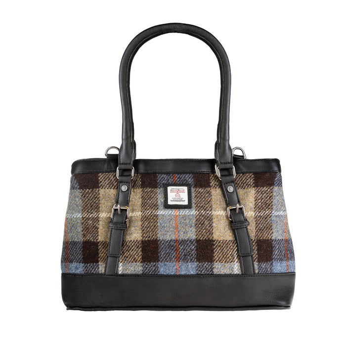 Ladies Ht Leather Hand Bag Blue & Brown Check / Black - Heritage Of Scotland - BLUE & BROWN CHECK / BLACK