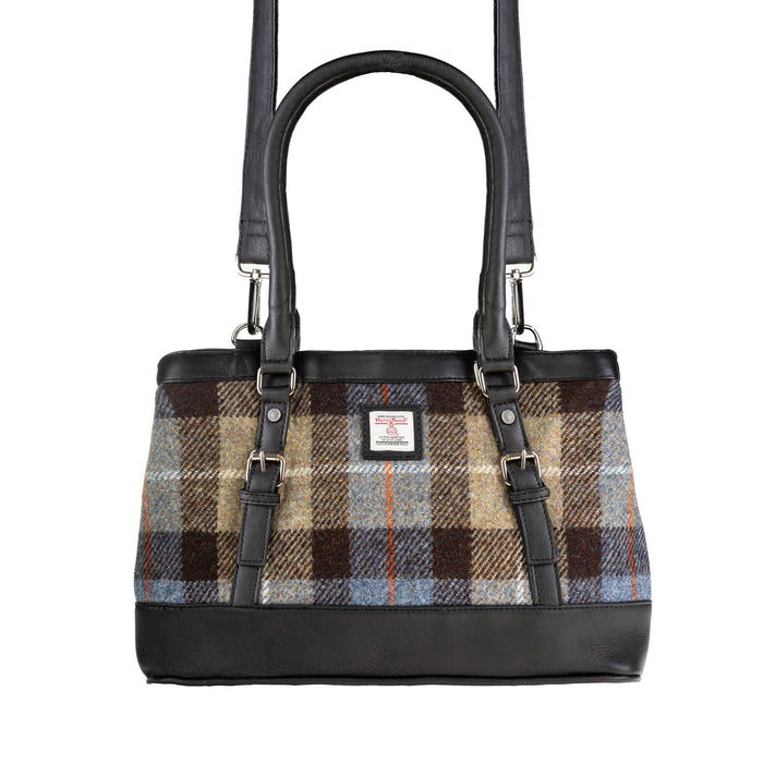 Ladies Ht Leather Hand Bag Blue & Brown Check / Black - Heritage Of Scotland - BLUE & BROWN CHECK / BLACK