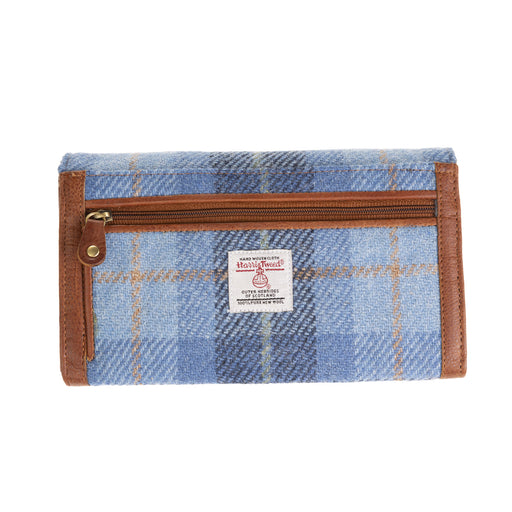 Ladies Ht Leather Long Purse Blue Check / Tan - Heritage Of Scotland - BLUE CHECK / TAN