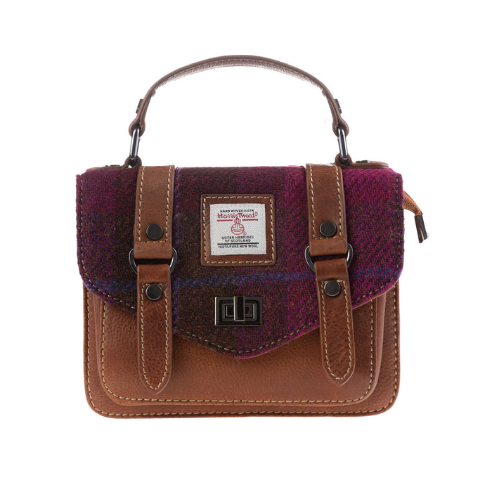 Ladies Ht Leather Mini Satchel Cerise Check / Tan - Heritage Of Scotland - CERISE CHECK / TAN