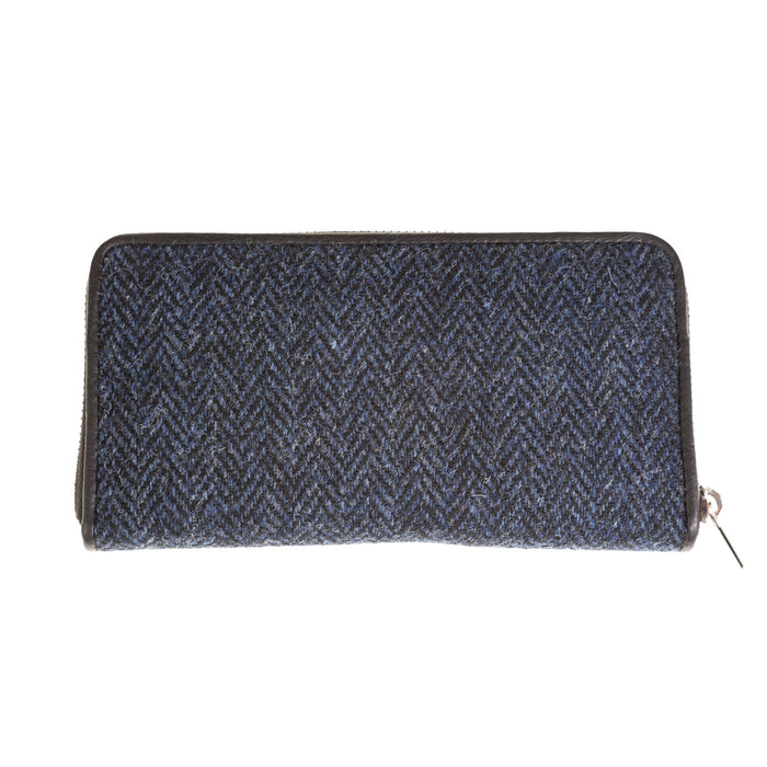 Ladies Ht Leather Purse Navy Blue Herringbone / Black - Heritage Of Scotland - NAVY BLUE HERRINGBONE / BLACK