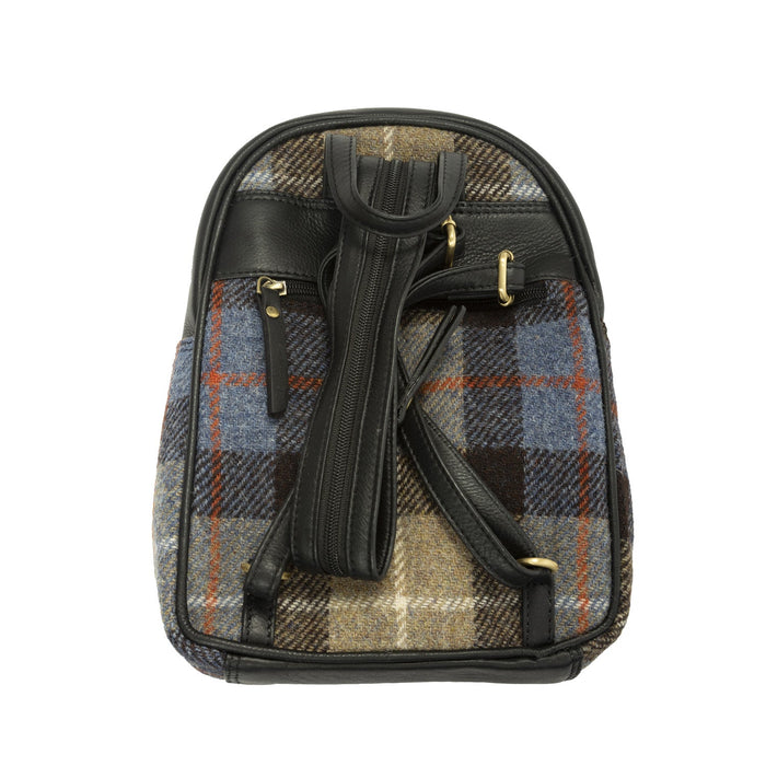 Ladies Ht Leather Zipped Backpack Blue & Brown Check / Black - Heritage Of Scotland - BLUE & BROWN CHECK / BLACK