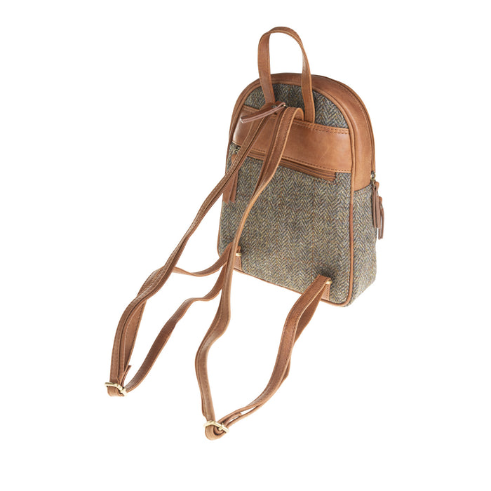 Ladies Ht Leather Zipped Backpack Brown Herringbone / Tan - Heritage Of Scotland - BROWN HERRINGBONE / TAN