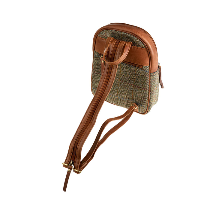 Ladies Ht Leather Zipped Backpack Lt Brown Check / Tan - Heritage Of Scotland - LT BROWN CHECK / TAN