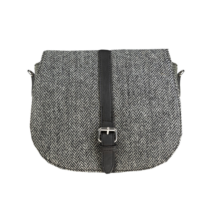 Ladies Ht Vegan Leather Flap Over Bag Black & White Herringbone / Black - Heritage Of Scotland - BLACK & WHITE HERRINGBONE / BLACK