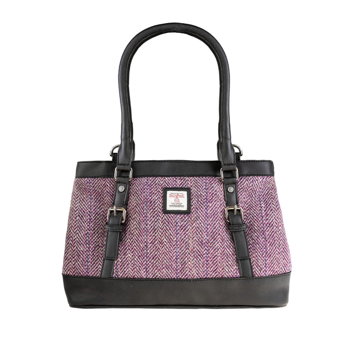 Ladies Ht Vegan Leather Hand Bag Plum Herringbone / Black - Heritage Of Scotland - PLUM HERRINGBONE / BLACK