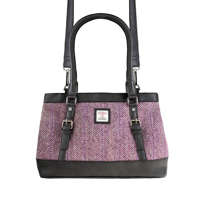 Ladies Ht Vegan Leather Hand Bag Plum Herringbone / Black - Heritage Of Scotland - PLUM HERRINGBONE / BLACK