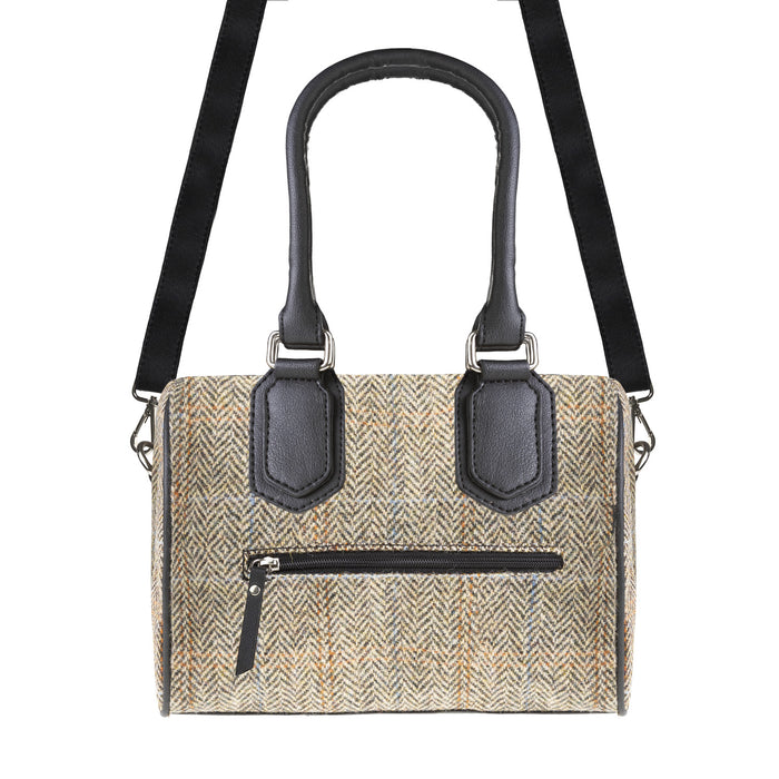 Ladies Ht Vegan Leather Small Hand Bag Tan & Brown Herringbone / Black - Heritage Of Scotland - TAN & BROWN HERRINGBONE / BLACK